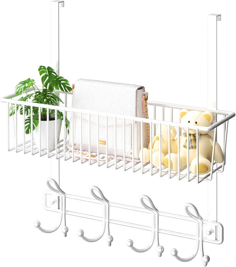 Kaiferty Over The Door Hooks Organizer,Door Hanger Door Storage with Basket,Over The Door Towel Rack Coat Hooks with 12 Hooks,for Bathroom,Bedroom,Kitchen,Office,Apartment(White) - Image 1